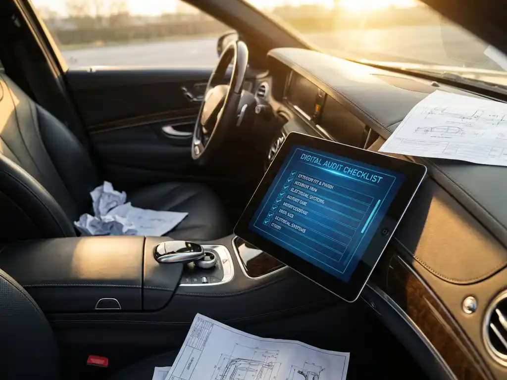 Tablet mit digitaler Audit-Checkliste auf Leder-Armaturenbrett eines Luxusautos neben Fertigungszeichnungen und Qualitätskontrolldokumenten
