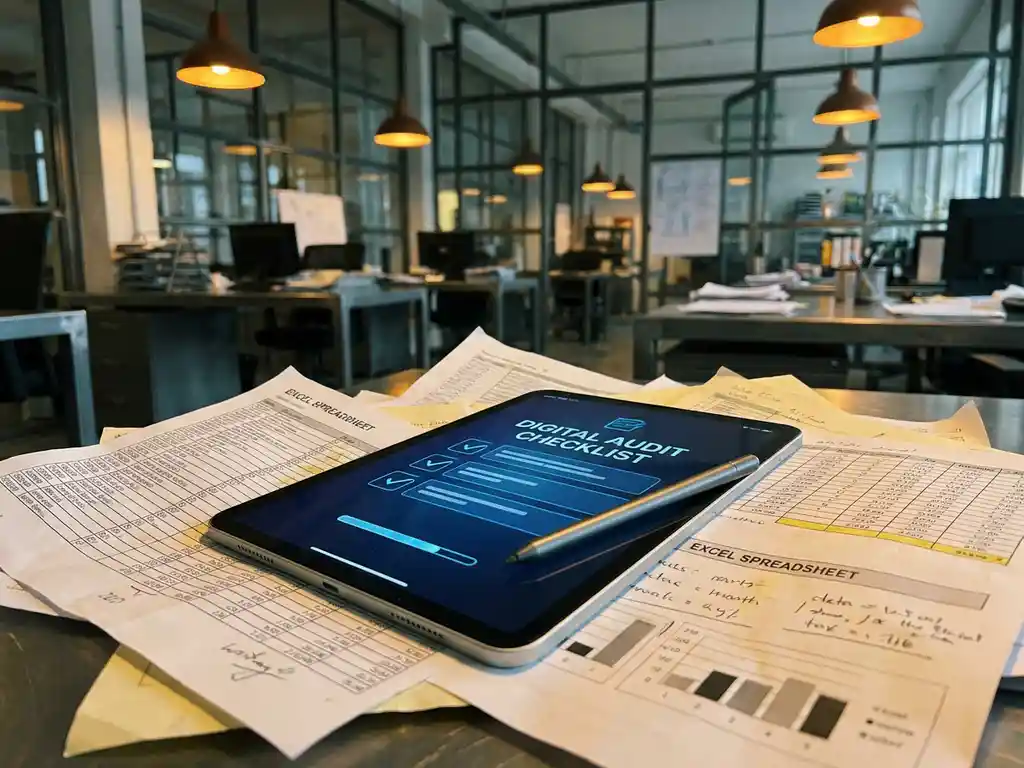 Modernes Tablet mit digitaler Audit-Checkliste liegt auf zerknitterten Excel-Ausdrucken, Stylus quer über dem Bildschirm