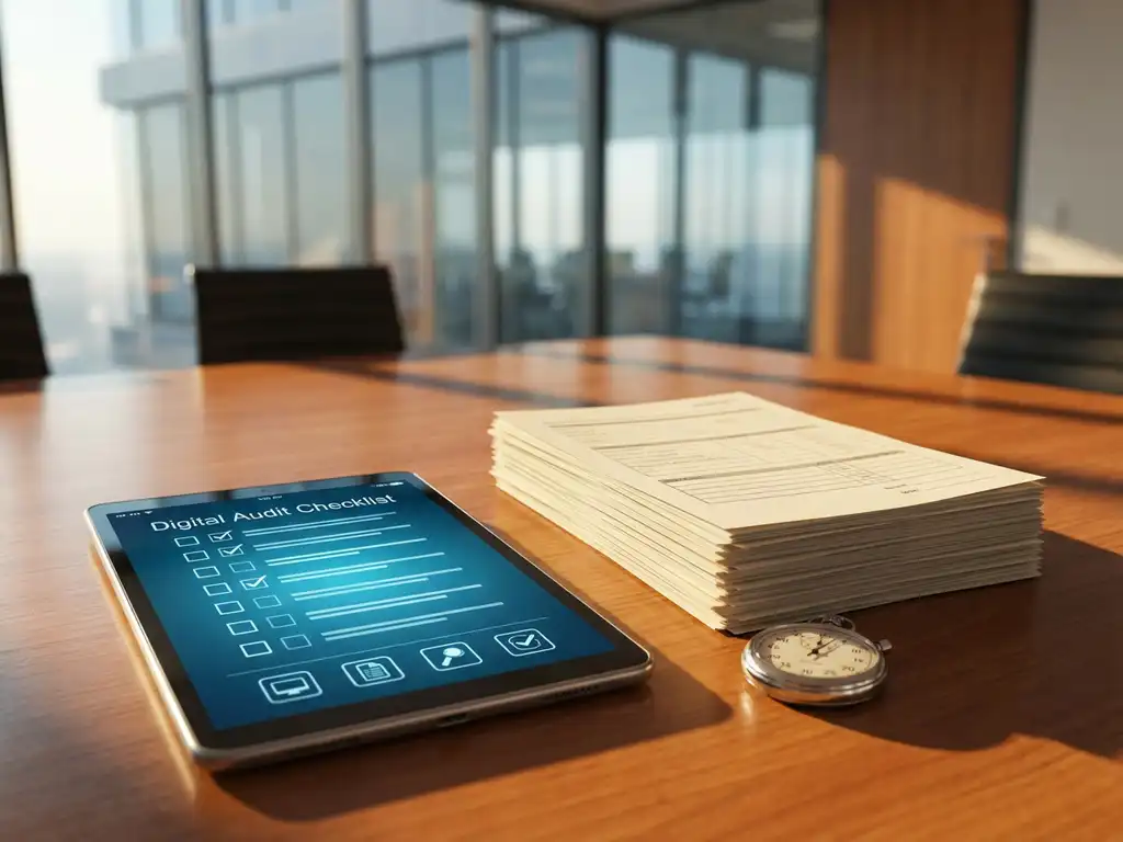 Tablet mit digitaler Audit-Checkliste neben Papierstapel und Stoppuhr auf Konferenztisch im modernen Büro