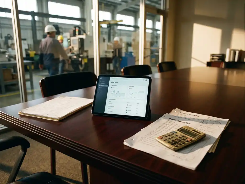 Modernes Tablet mit digitalen Audit-Formularen auf Konferenztisch neben Papier-Checklisten und Taschenrechner in Industriebüro