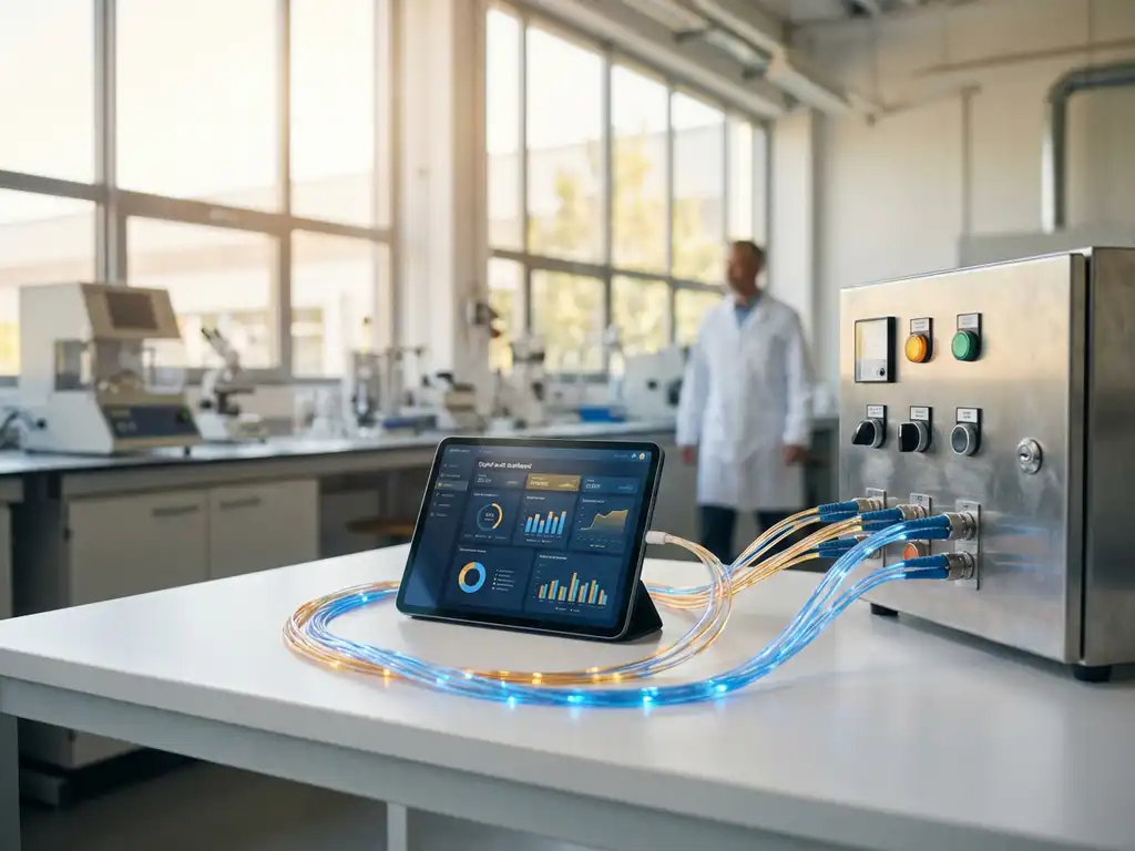 Modernes Tablet mit digitaler Audit-Schnittstelle verbunden über leuchtende Glasfaserkabel mit industrieller Steuerungseinheit in hellem Qualitätslabor