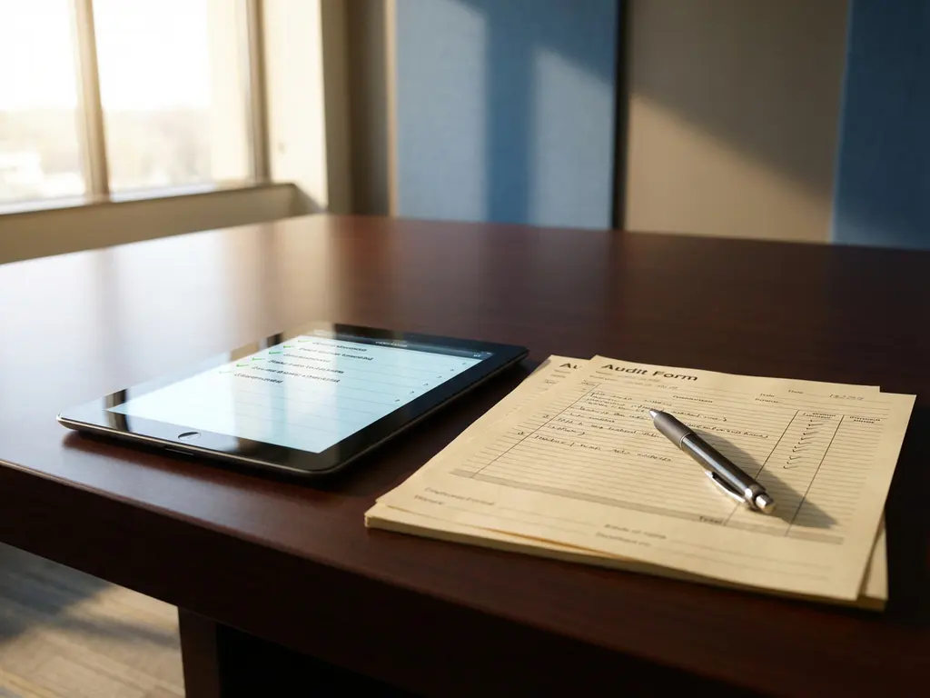 Modernes Tablet mit digitaler Checkliste neben Stapel traditioneller Papier-Auditformulare auf Konferenztisch im Büro