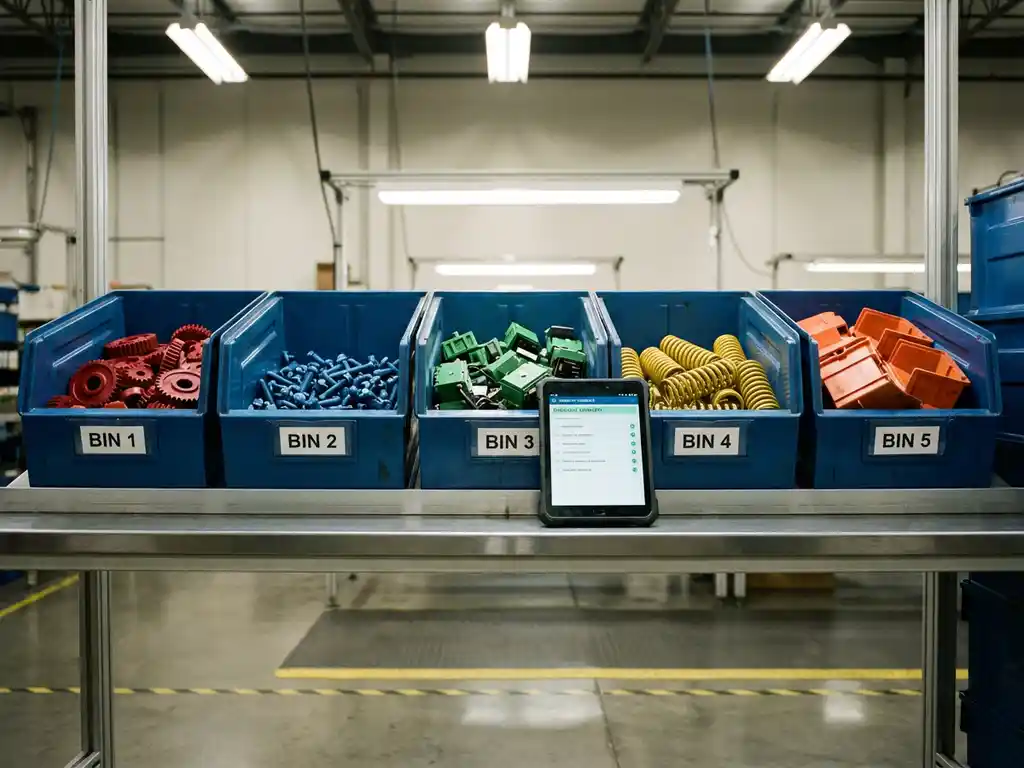 Fünf beschriftete Lagerbehälter mit farbigen Industriekomponenten an sauberem Arbeitsplatz mit Tablet und gelben Sicherheitslinien