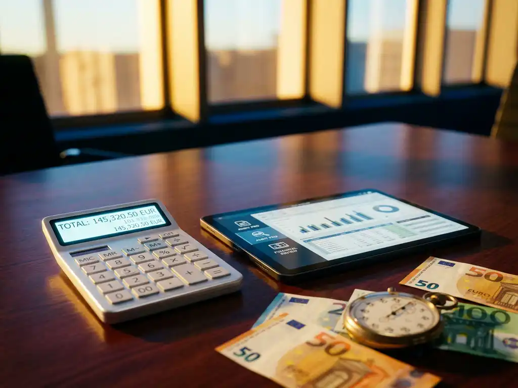 Taschenrechner mit Finanzberechnungen neben Tablet mit Audit-Software, Euro-Banknoten und goldener Stoppuhr auf Mahagoni-Schreibtisch