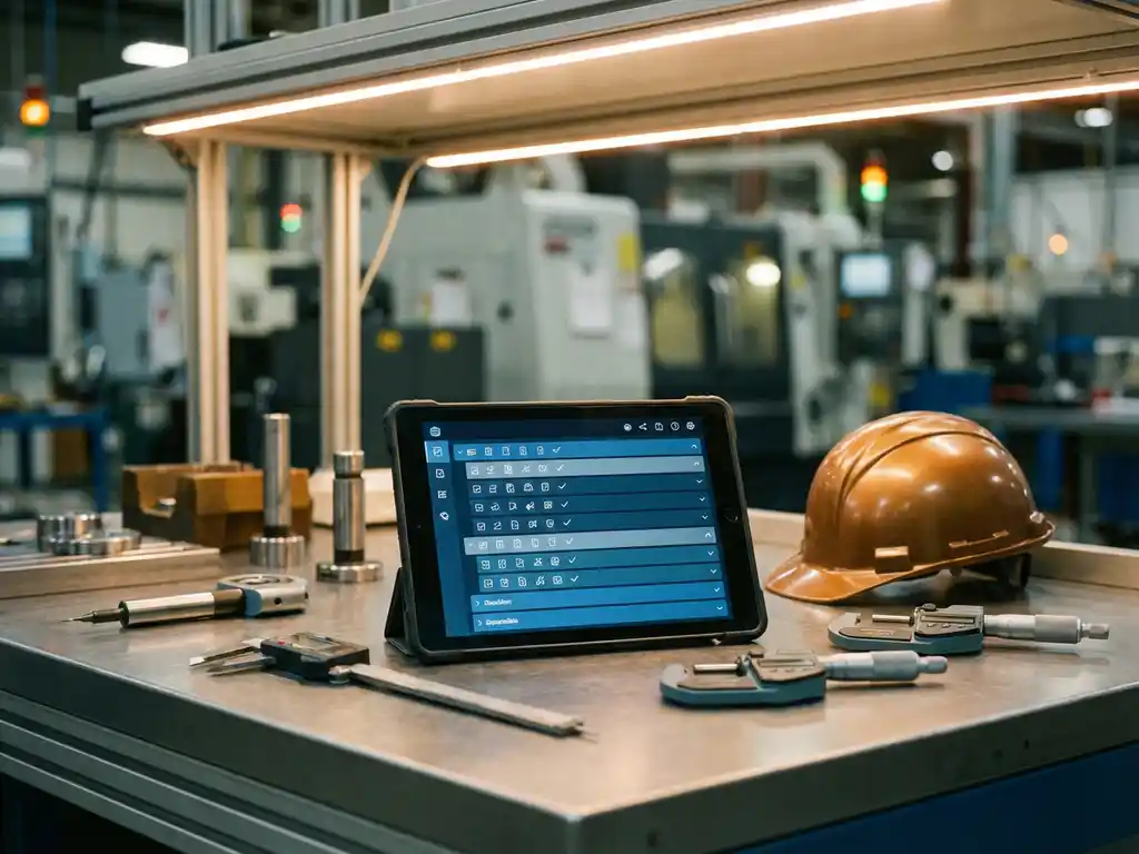 Industrielle Checkliste auf Tablet-Bildschirm an moderner Fabrik-Arbeitsstation mit Pr&auml;zisionswerkzeugen und Qualit&auml;tskontrollger&auml;ten