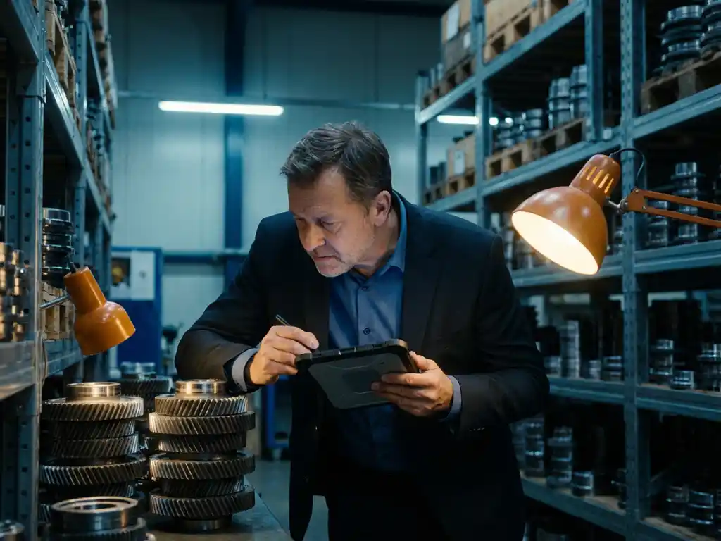 Professioneller Wirtschaftsprüfer mit Tablet zählt Metallkomponenten in modernem Industrielager mit organisierten Regalsystemen