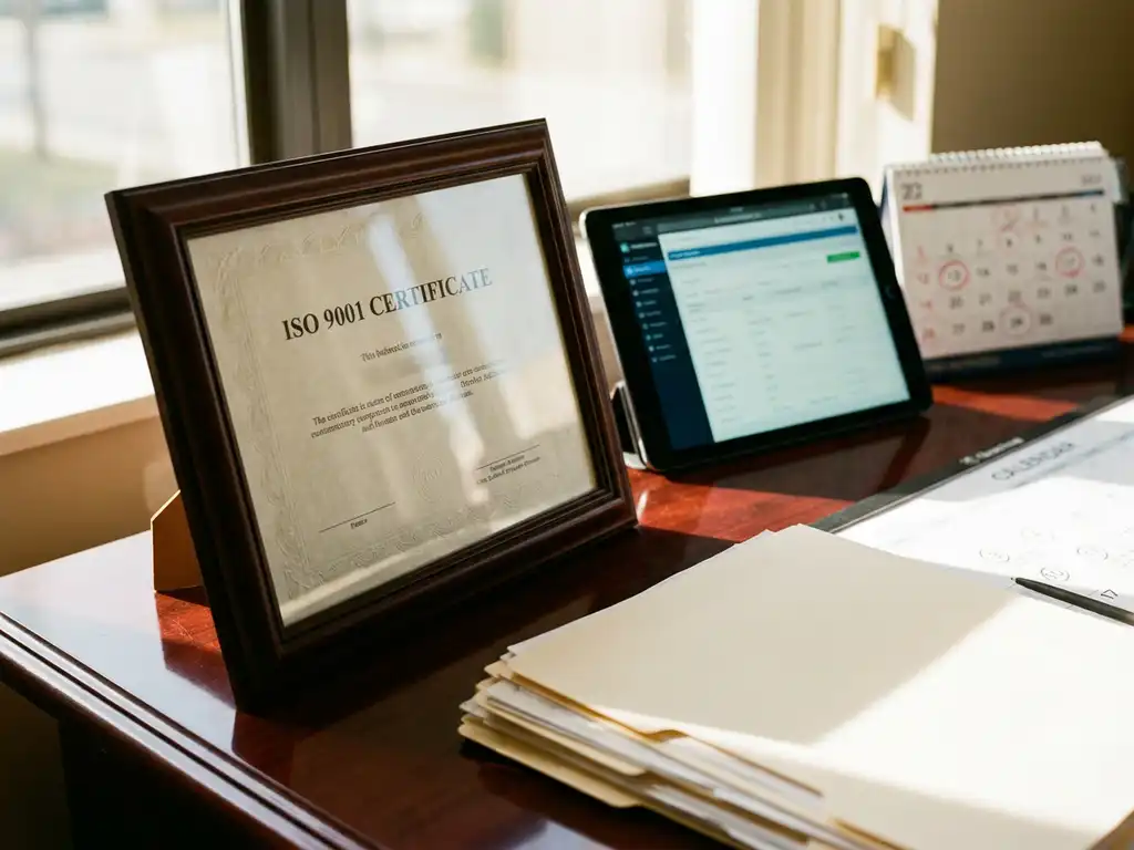 ISO 9001 Zertifikat in schwarzem Rahmen auf Mahagoni-Schreibtisch mit Qualitätsmanagement-Dokumenten und Tablet
