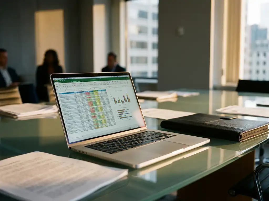 Laptop mit Kostenaufschlüsselung-Tabelle auf Glastisch im Konferenzraum, umgeben von Finanzdokumenten und Ledermappe