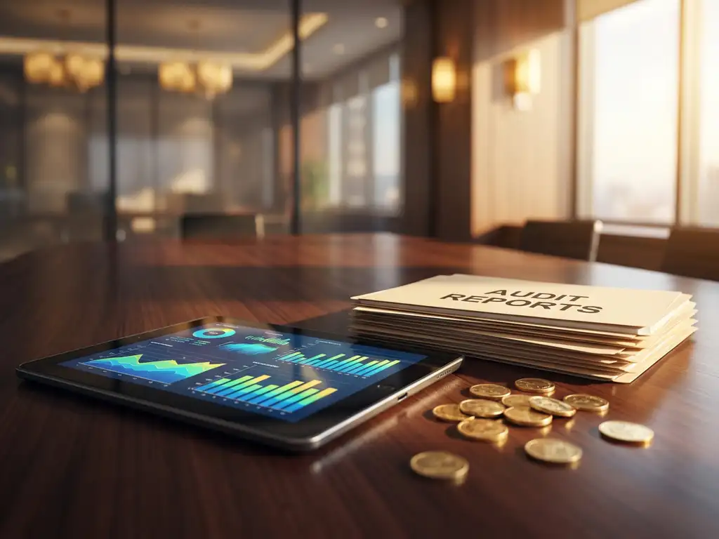 Modernes Tablet mit bunten Kosteneinsparungsdiagrammen auf Holzkonferenztisch neben Prüfungsordnern und goldenen Münzen