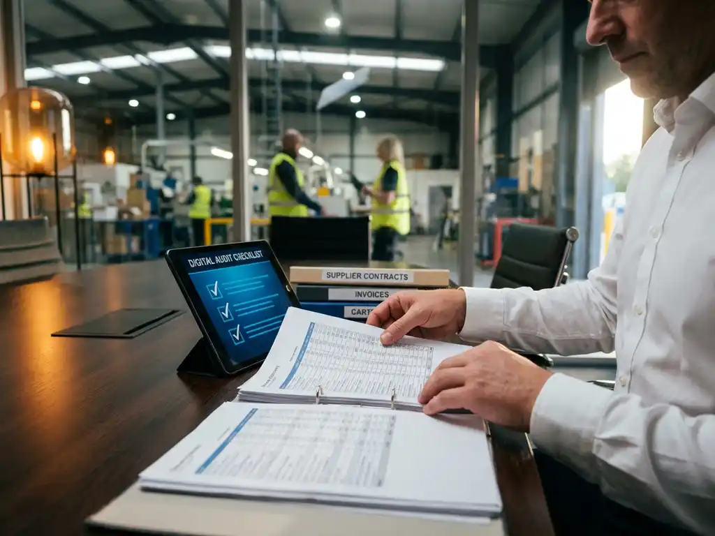 Auditor in weißem Hemd prüft Lieferantendokumentation am Konferenztisch mit Tablet und Ordnern in modernem Industriebüro