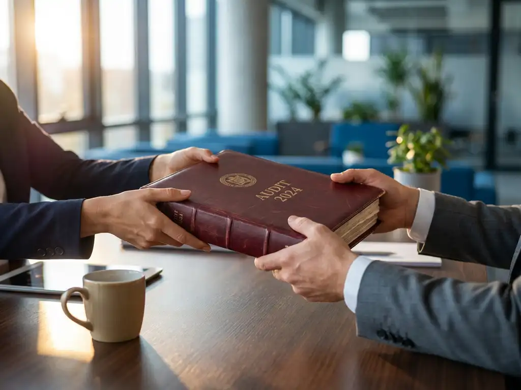 Professionelle Hände übergeben einen dicken ledergebundenen Prüfungsordner an einem modernen Büroschreibtisch bei warmem Tageslicht