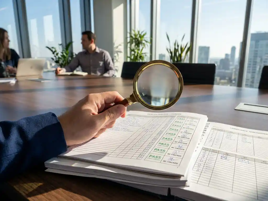 Lupe vergr&ouml;&szlig;ert Qualit&auml;tskontrolldokumente mit Pr&uuml;fzeichen auf Konferenztisch in modernem B&uuml;ro mit Tageslicht