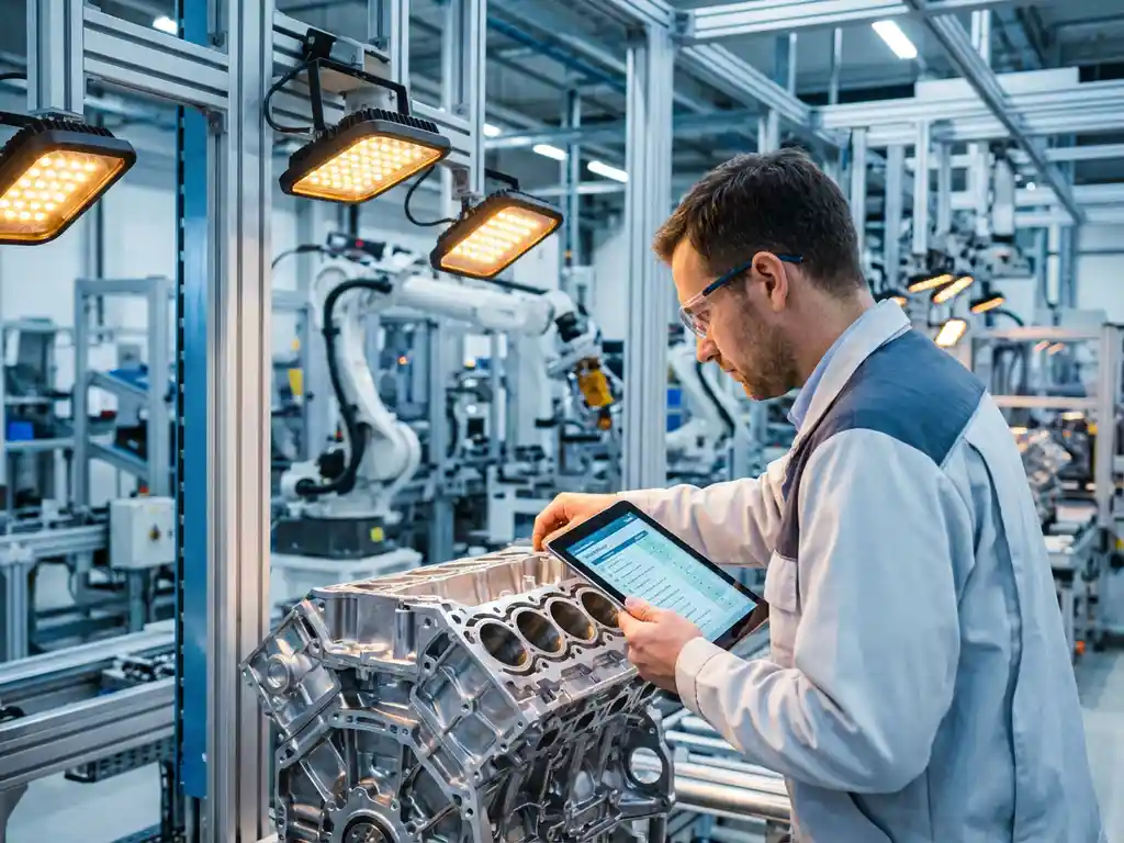 Qualitätsprüfer mit digitalem Tablet untersucht glänzende Motorkomponente in moderner Automobilfertigungshalle