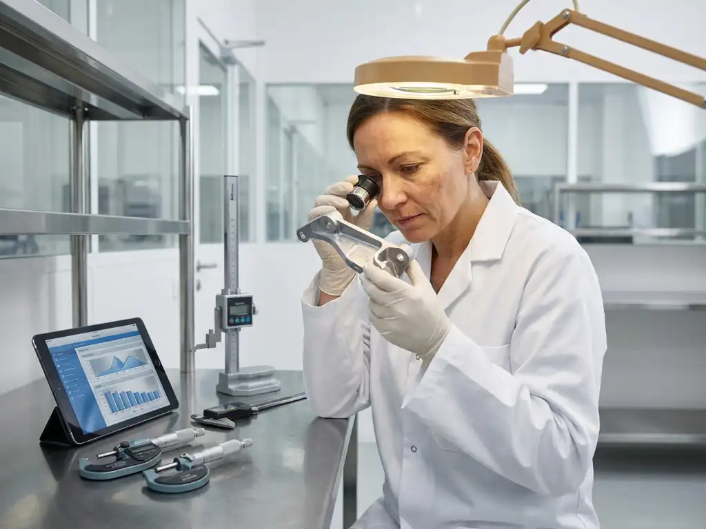 Qualitätsprüfer im weißen Laborkittel untersucht Automobilkomponenten auf Edelstahl-Prüftisch mit digitaler Checkliste