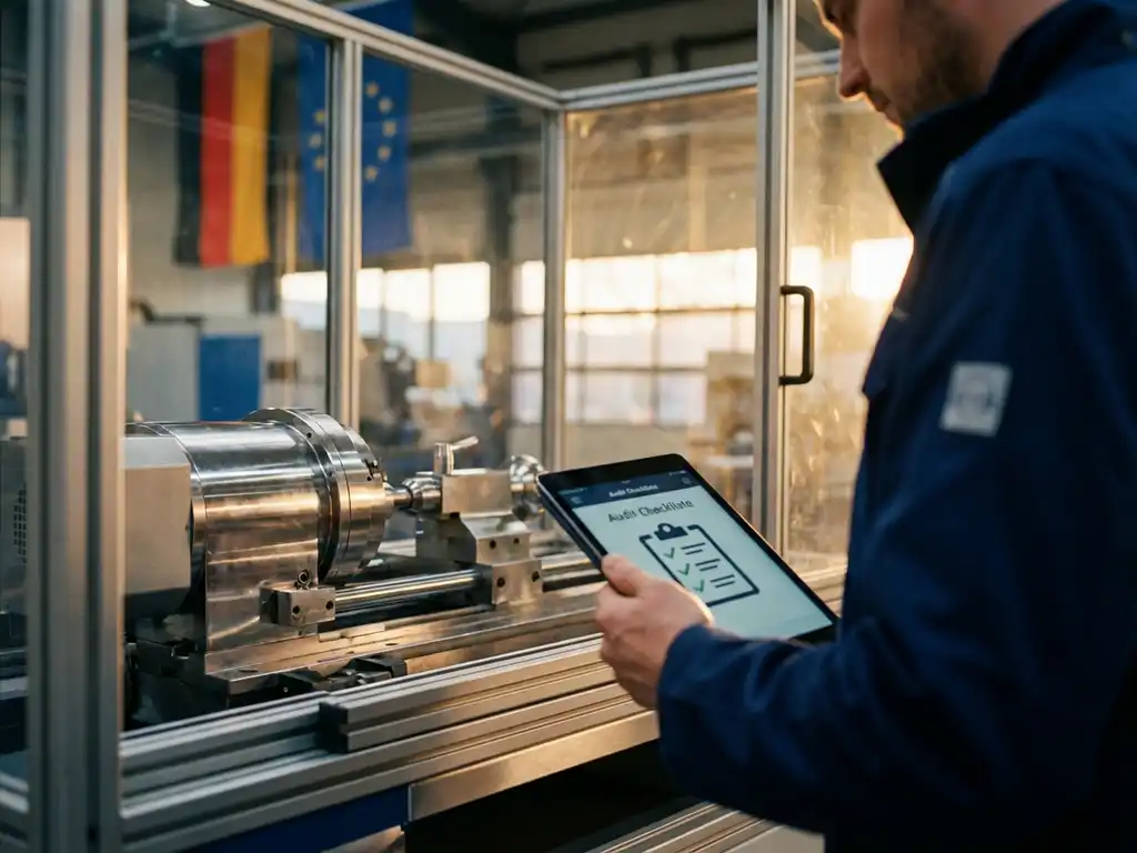 Qualit&auml;tspr&uuml;fer mit digitalem Tablet untersucht Pr&auml;zisionsmaschinen in moderner deutscher Industrieanlage mit Glasarchitektur