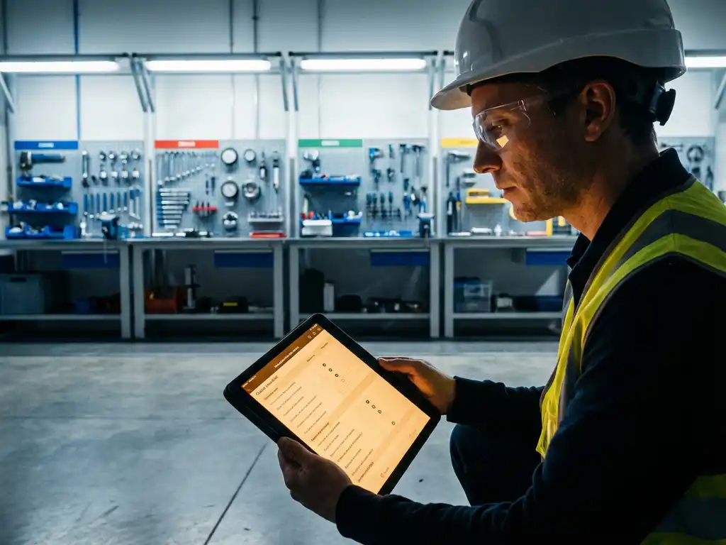 Qualitätsprüfer in Schutzausrüstung überprüft Checkliste auf Tablet in organisiertem Industriearbeitsplatz mit fünf Werkzeugzonen