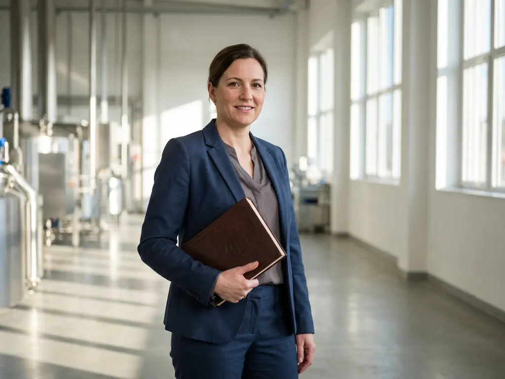 Qualitätsmanager im Anzug mit Compliance-Handbuch in moderner Industrieanlage mit Maschinen und Betonböden