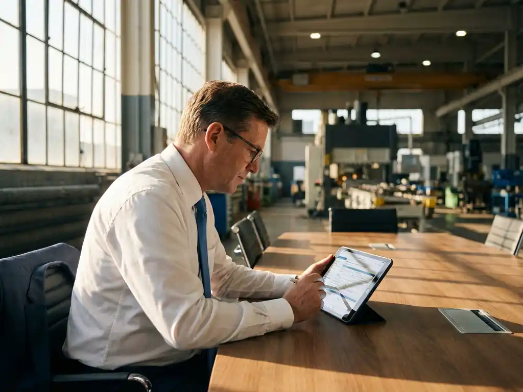 Professioneller Auditor im weißen Hemd prüft Qualitätscheckliste auf Tablet in heller Industrieanlage mit Fertigungsgeräten