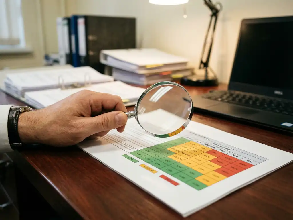 Auditor hält Lupe über Risikobewertungsmatrix-Tabelle mit farbkodierten Risikostufen auf Mahagoni-Schreibtisch
