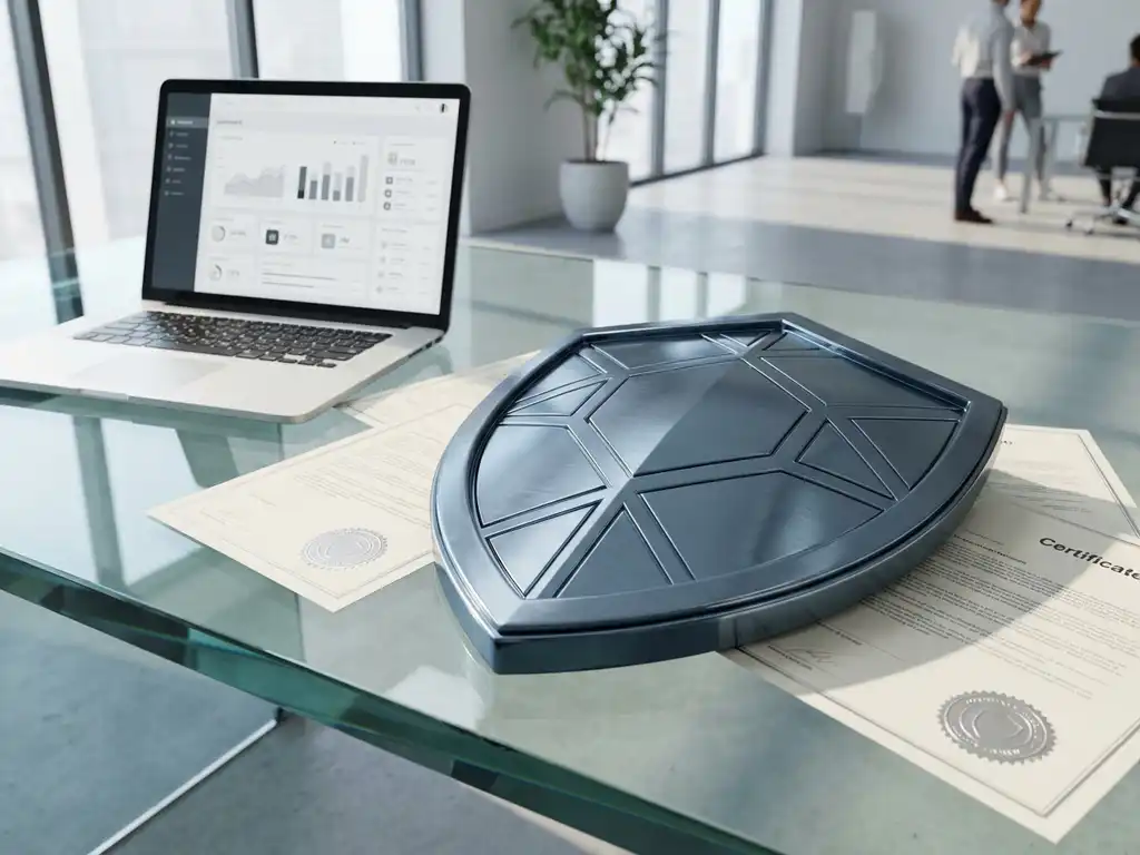 Metallisches Sicherheitsschild mit geometrischen Mustern auf Glasschreibtisch neben Laptop mit Audit-Software und Zertifizierungsdokumenten