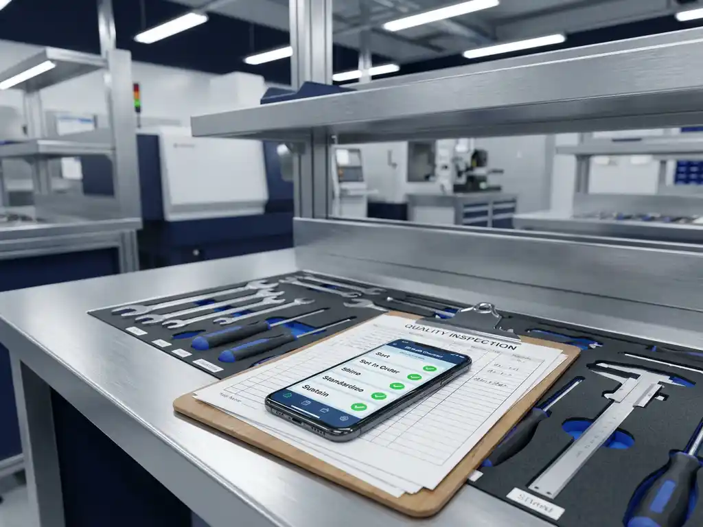 Smartphone mit digitaler 5S-Audit-Checkliste auf ordentlicher Fabrikwerkbank neben Klemmbrett mit Papierformularen