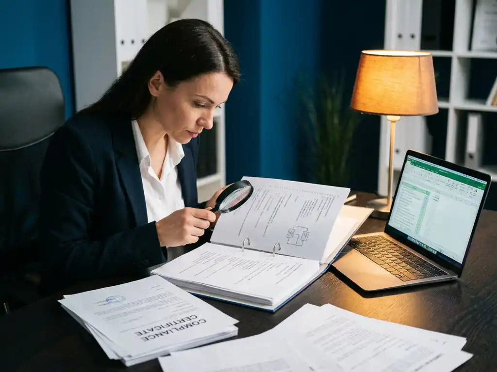 Professioneller Auditor prüft Softwareunterlagen mit Lupe am modernen Schreibtisch mit Laptop und Compliance-Zertifikaten