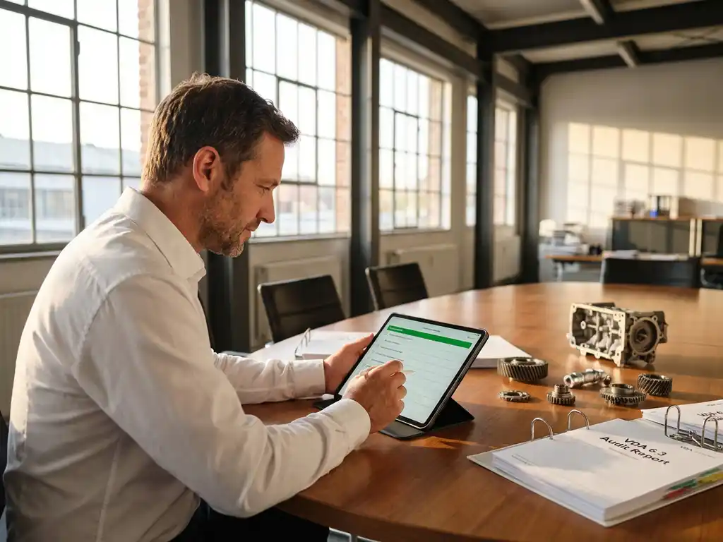 Professioneller Auditor prüft VDA 6.3 Qualitätscheckliste auf Tablet am Konferenztisch mit Automobilteilen