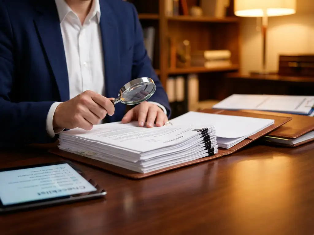 Wirtschaftsprüfer untersucht Geschäftsdokumente mit Lupe auf Mahagoni-Schreibtisch, Prüfungsordner und Tablet daneben