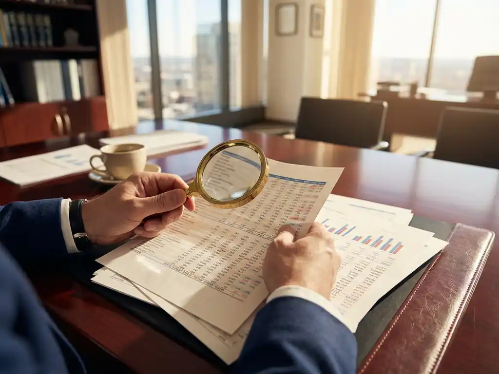 Professionelle Hände eines Wirtschaftsprüfers analysieren Finanzberichte mit Lupe auf Mahagoni-Schreibtisch im Büro
