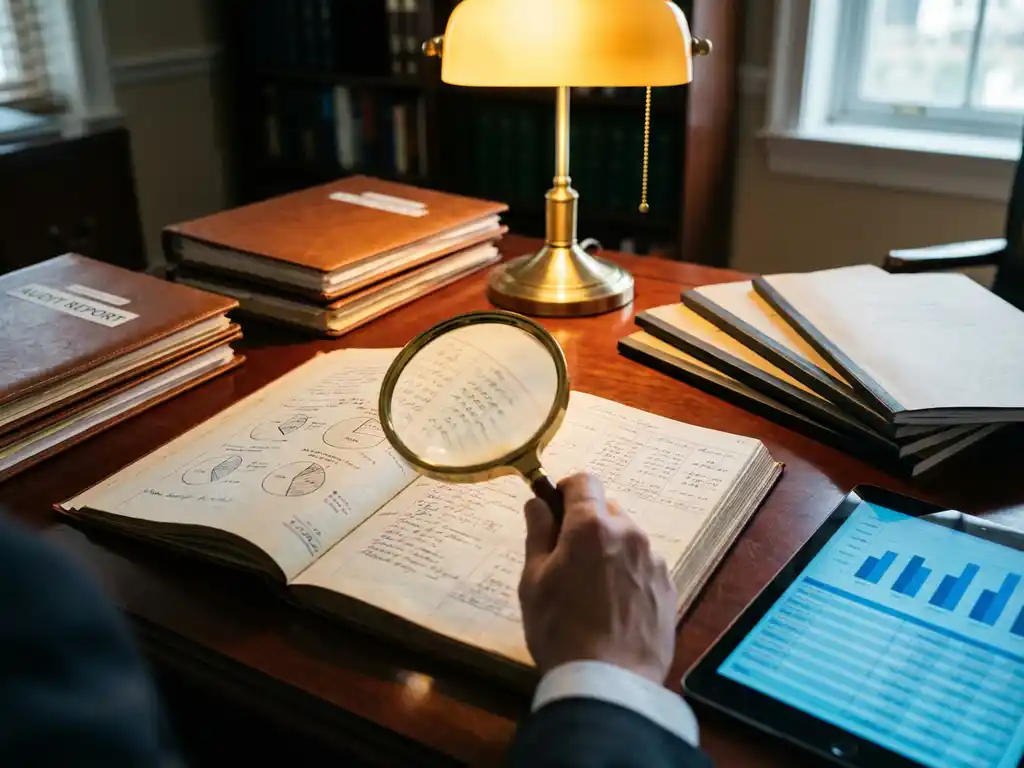 Professionelle Lupe vergrößert Finanzdokumente auf Mahagoni-Schreibtisch mit Prüfberichten und Tablet mit digitalen Charts