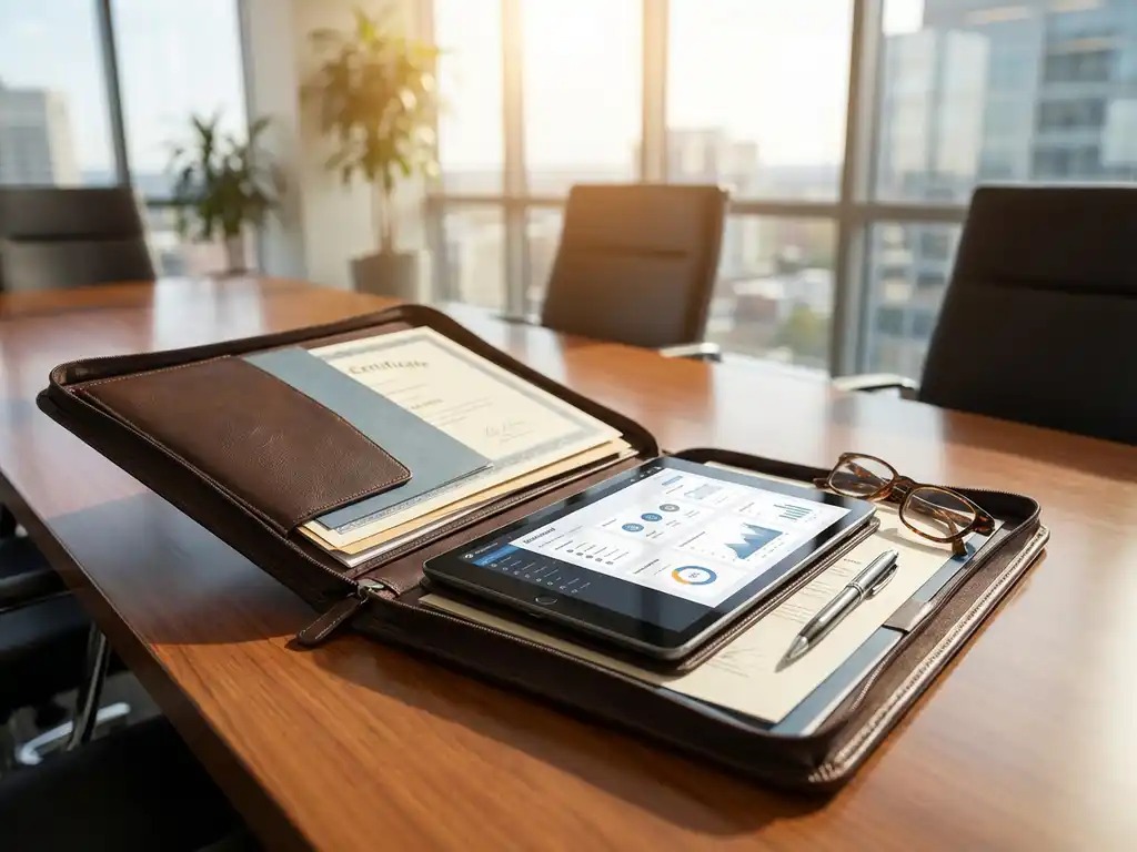 Offenes Lederportfolio mit Weiterbildungszertifikaten und Tablet mit Audit-Software auf Konferenztisch im modernen Büro