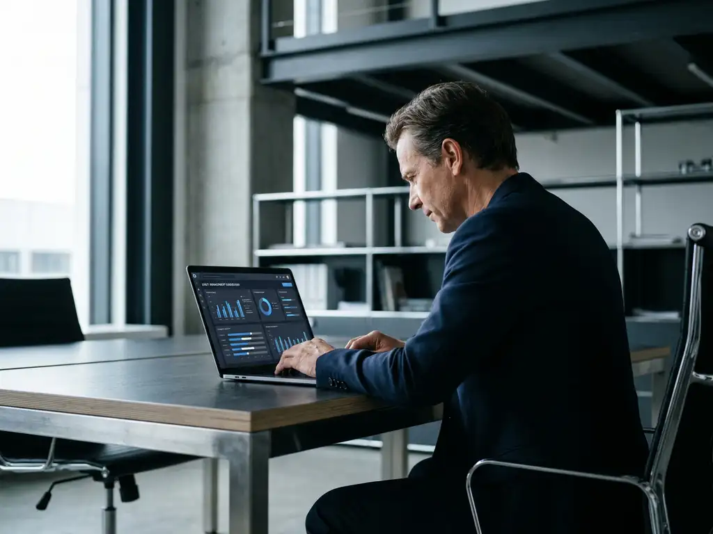 Fachkraft am modernen Schreibtisch analysiert Audit-Management-Dashboard mit KPI-Diagrammen und Compliance-Indikatoren auf einem Laptop.