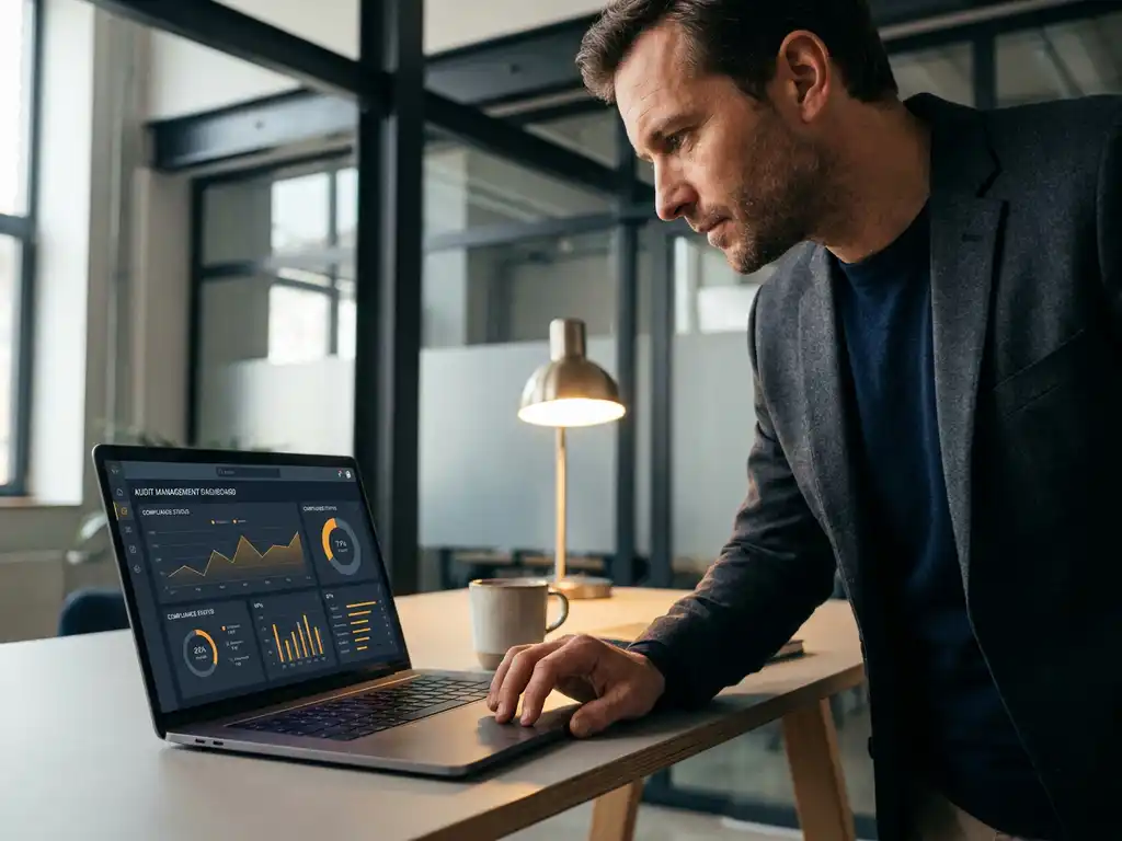 Fachkraft analysiert Audit-Management-Dashboard mit Compliance-KPIs auf Laptop in modernem Industriebüro.