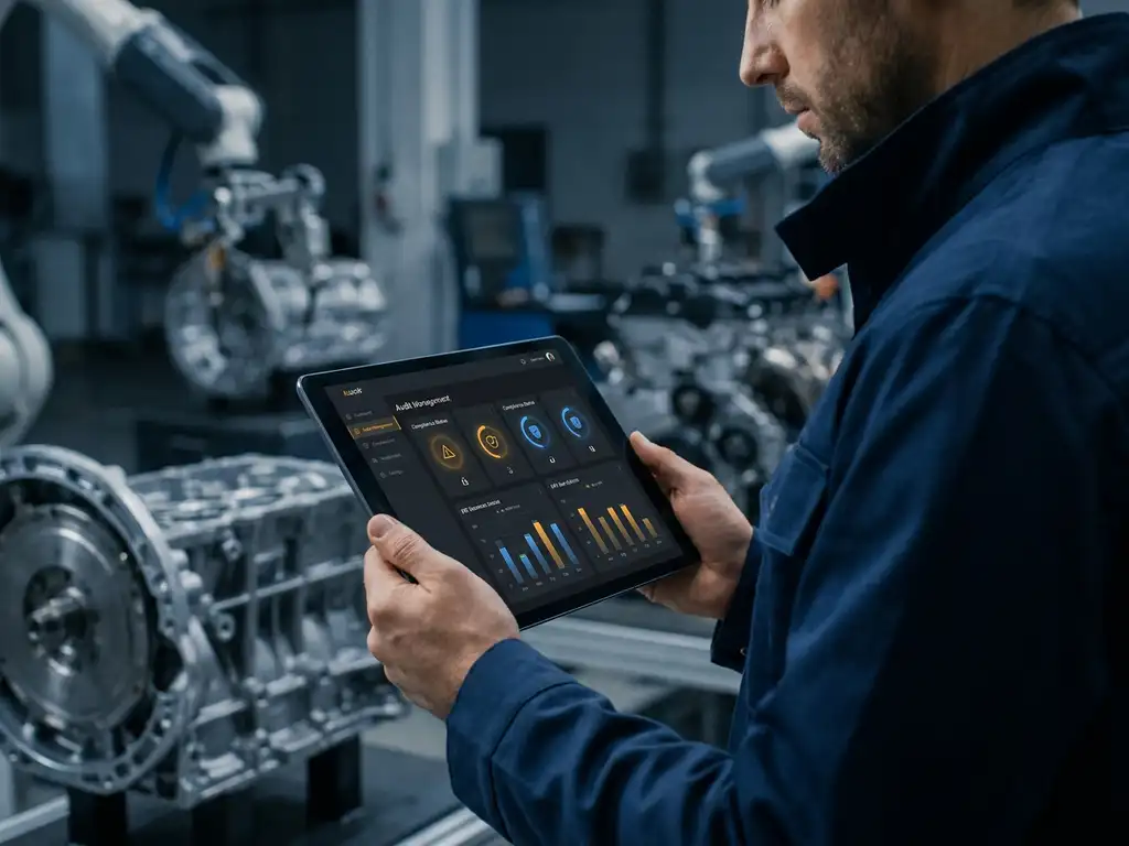 Fachkraft in Automobilfabrik prüft Audit-Management-Dashboard auf Tablet, KPI-Diagramme und Compliance-Indikatoren sichtbar.