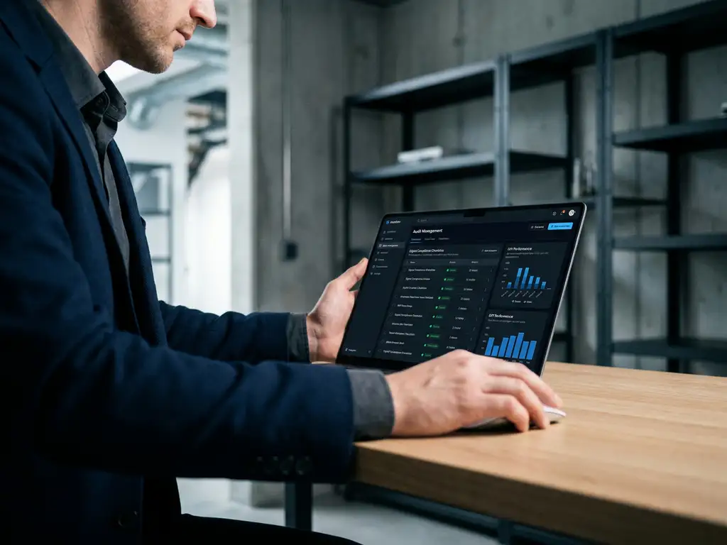 Fachkraft am Laptop mit Audit-Management-Dashboard, Compliance-Checklisten und KPI-Diagrammen in modernem Industriebüro.