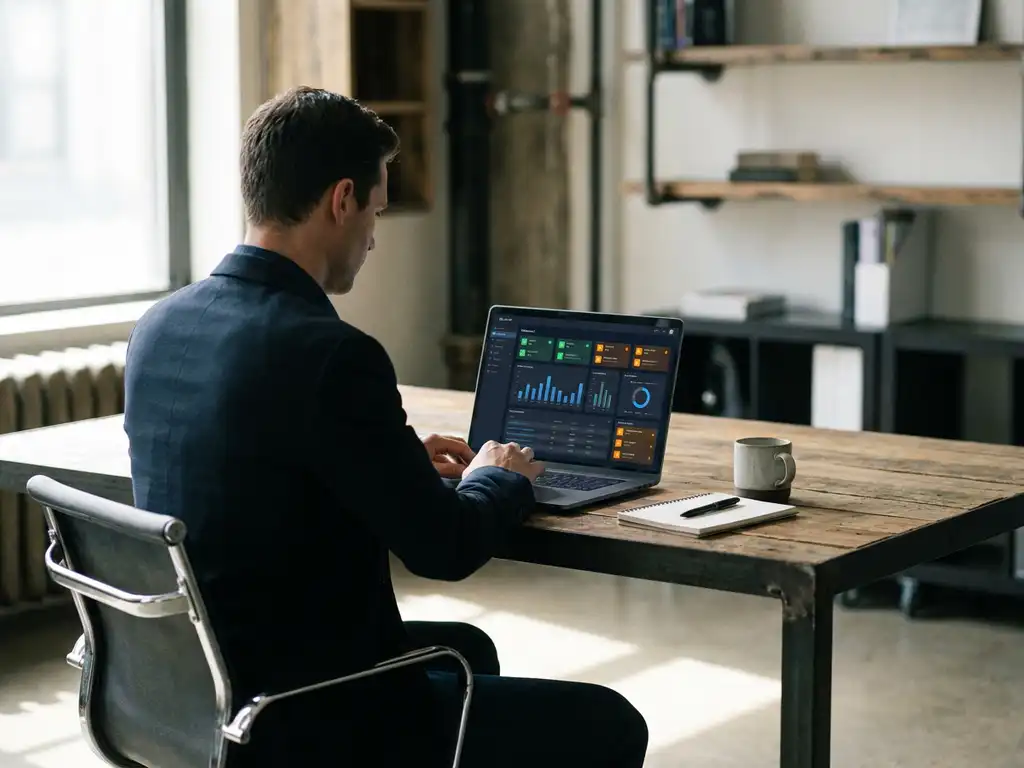 Fachkraft analysiert Audit-Management-Dashboard mit Compliance-Indikatoren und KPI-Diagrammen auf einem Laptop im modernen Büro.