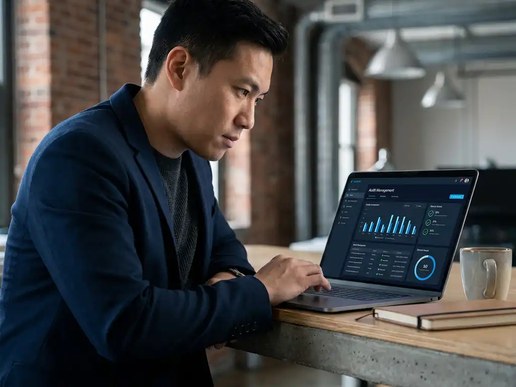Fachkraft analysiert Audit-Management-Dashboard mit Compliance-Kennzahlen auf Laptop in modernem Büro.