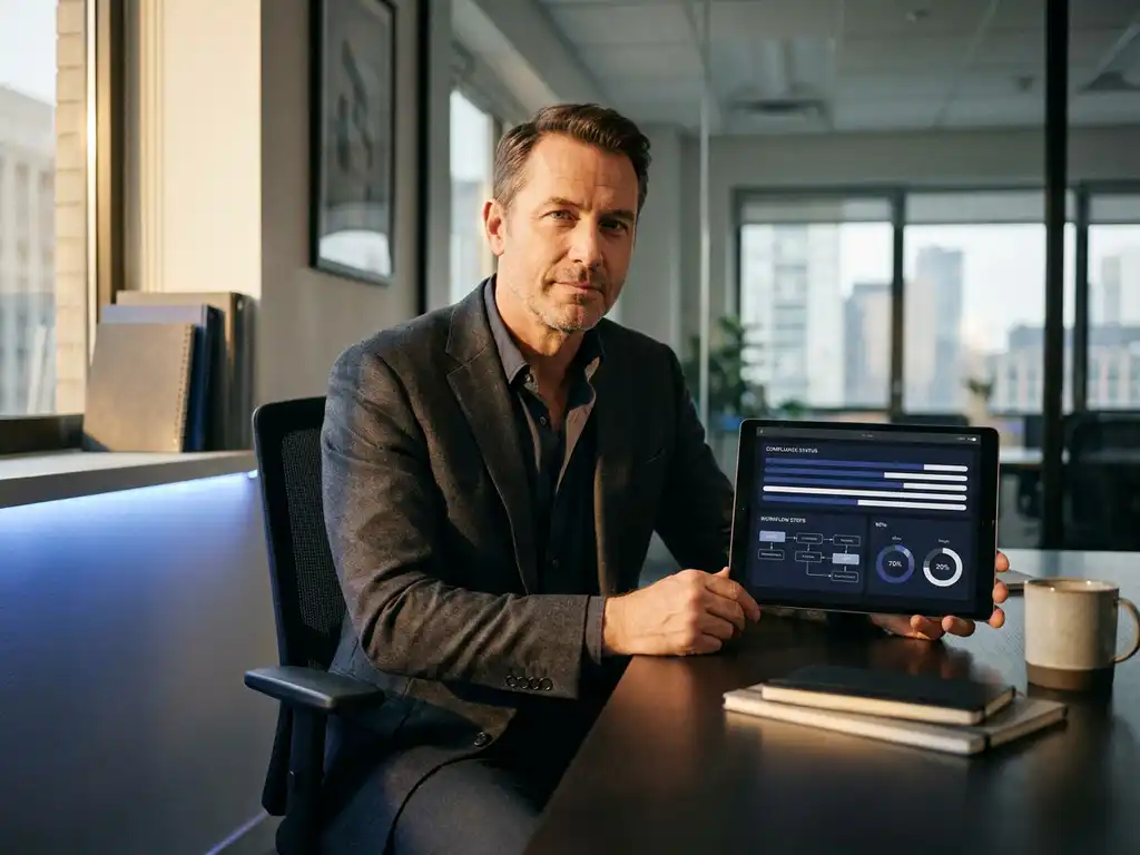 Fachkraft im modernen Büro hält Tablet mit Audit-Management-Dashboard, Compliance-Statusanzeigen und KPI-Diagrammen.