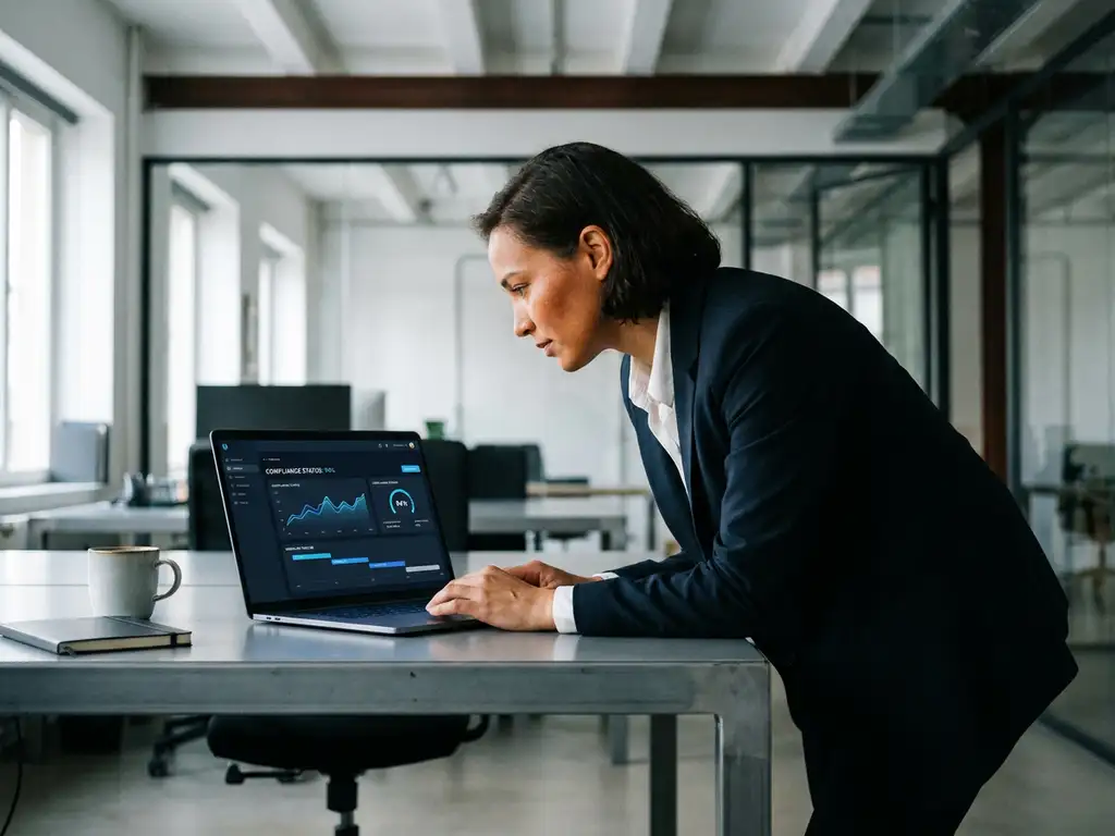 Fachkraft am modernen Schreibtisch mit Audit-Management-Dashboard auf Laptop, Compliance-Indikatoren und Workflow-Timelines auf dunklem Bildschirm.