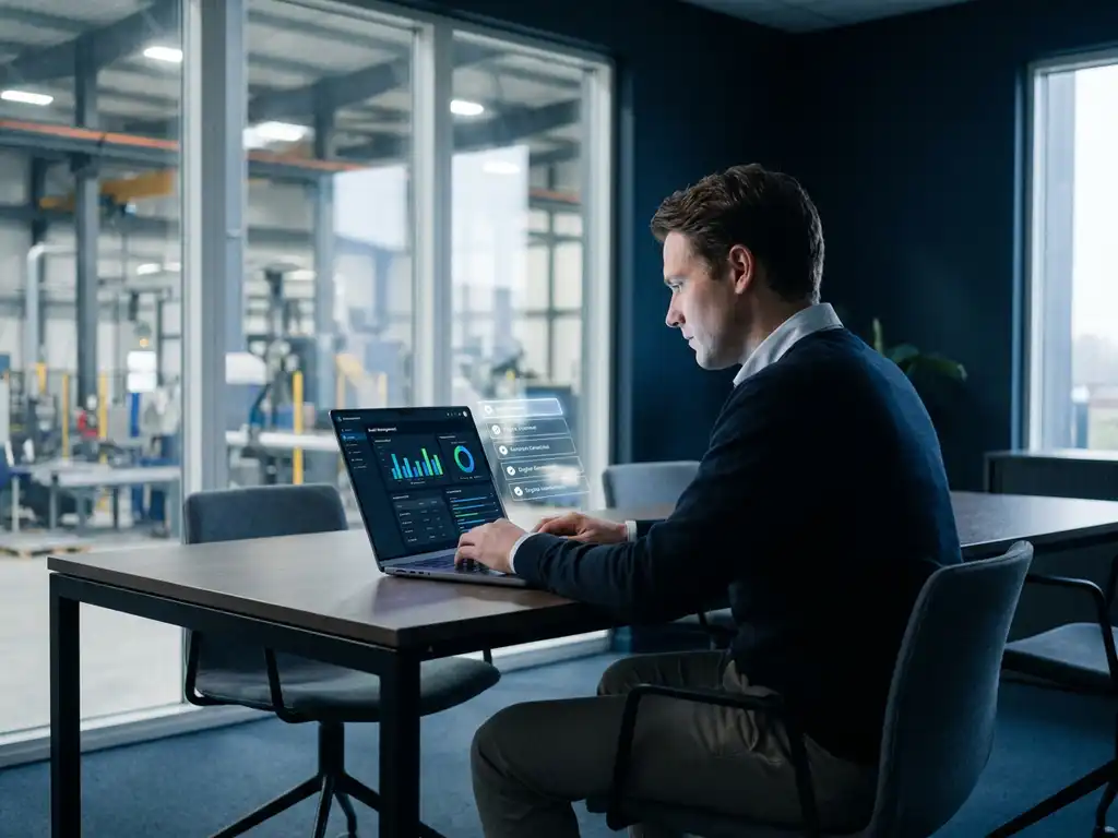 Fachkraft am modernen Schreibtisch mit Laptop-Dashboard für Audit-Management und Compliance-Diagrammen, Industrieanlage im Hintergrund.