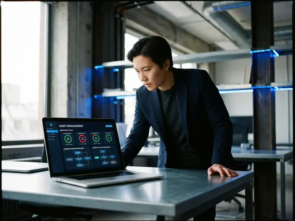 Fachkraft arbeitet an einem Audit-Management-Dashboard auf einem Laptop in modernem Industriebüro mit blauem Akzentlicht.