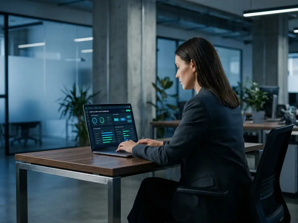 Fachkraft am modernen Schreibtisch analysiert Audit-Management-Dashboard mit Compliance-Indikatoren auf Laptop-Bildschirm.