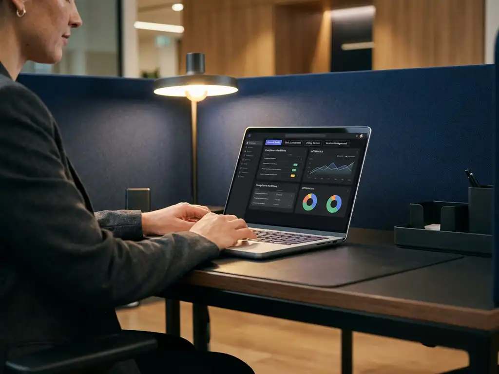 Fachkraft am modernen Schreibtisch arbeitet mit Audit-Management-Dashboard auf Laptop mit Compliance-KPI-Diagrammen.