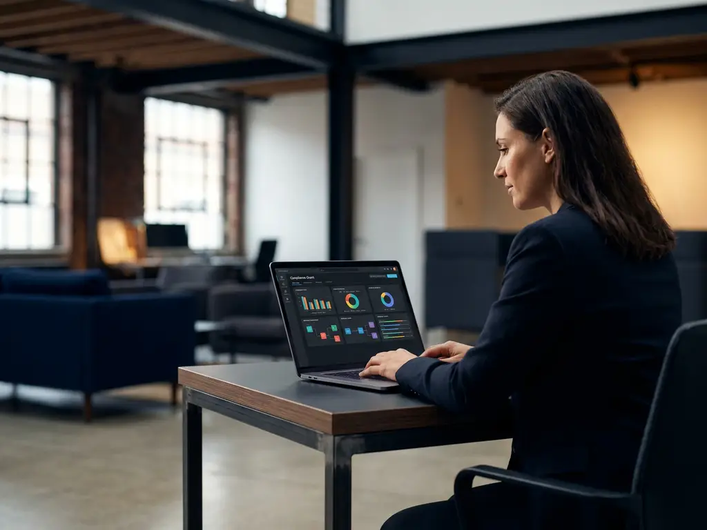 Fachkraft am modernen Schreibtisch arbeitet an einem Audit-Management-Dashboard mit Compliance-Diagrammen auf dem Laptop.