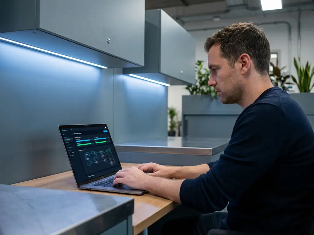 Fachkraft analysiert Audit-Management-Dashboard mit Compliance-Statusanzeigen auf Laptop in modernem Industriebüro.