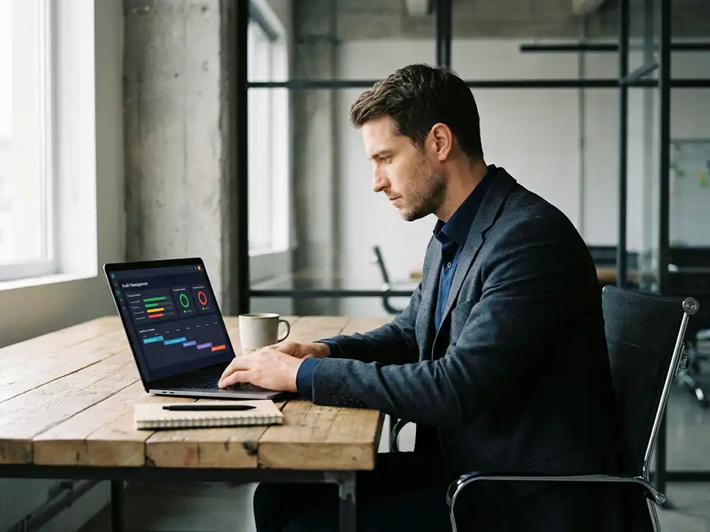 Fachkraft analysiert Audit-Management-Dashboard mit Compliance-Indikatoren auf Laptop in modernem Industriebüro.