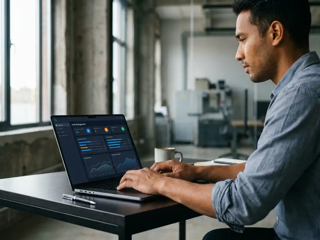Ingenieur am Laptop mit Audit-Management-Dashboard, Compliance-KPIs auf dunklem Interface, modernes Industriebüro mit Tageslicht.