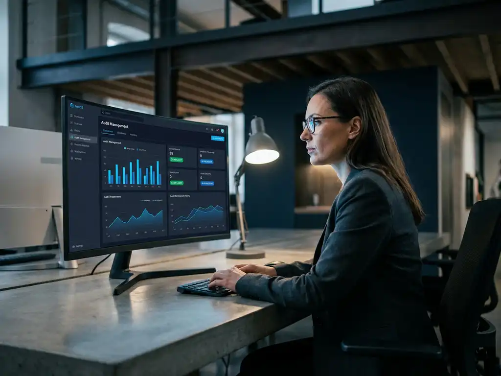 Fachkraft analysiert Audit-Management-Dashboard mit blauen KPI-Diagrammen auf großem Monitor in modernem Büro.