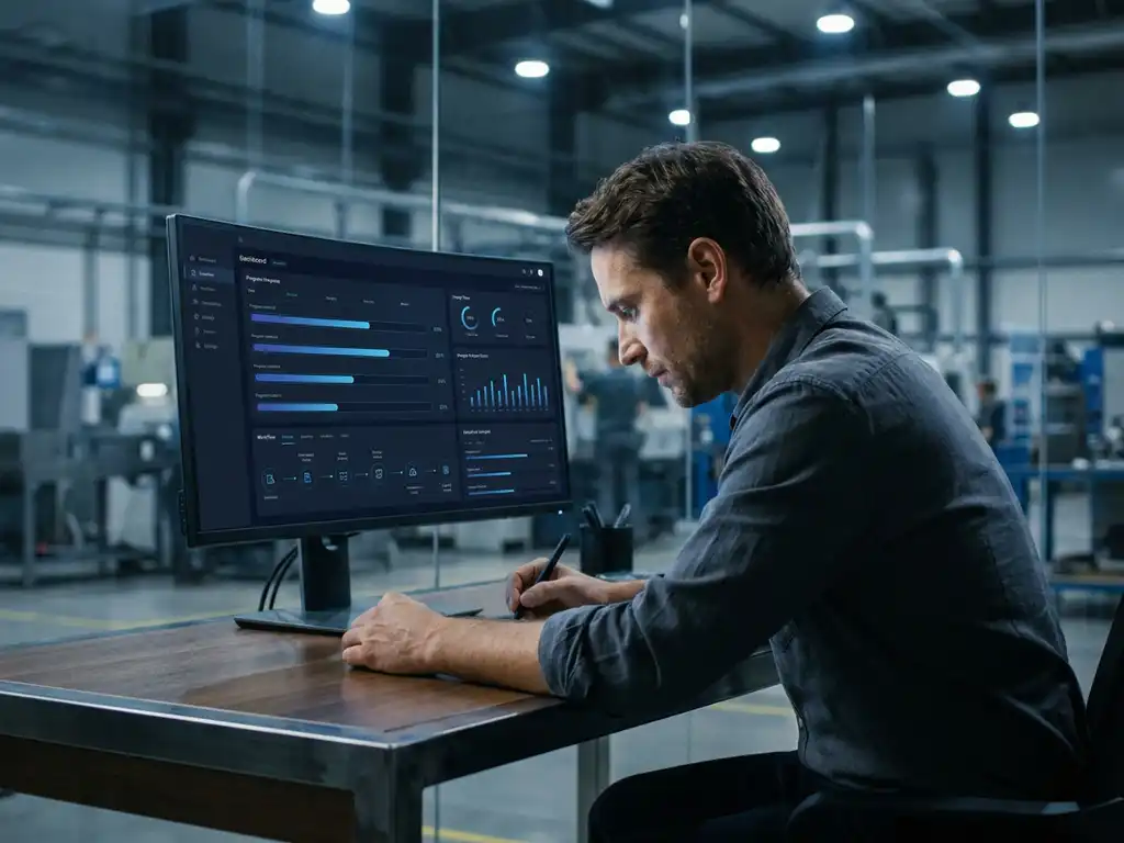 Auditor am Industriearbeitsplatz prüft Audit-Management-Dashboard mit Compliance-Statusanzeigen auf großem Monitor, Büro mit Fabrikhalle im Hintergrund.
