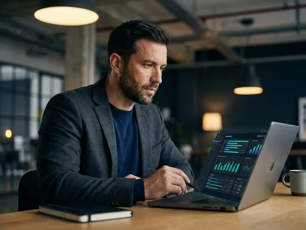 Fachkraft analysiert Compliance-Dashboard mit KPI-Diagrammen auf Laptop in modernem Industriebüro.